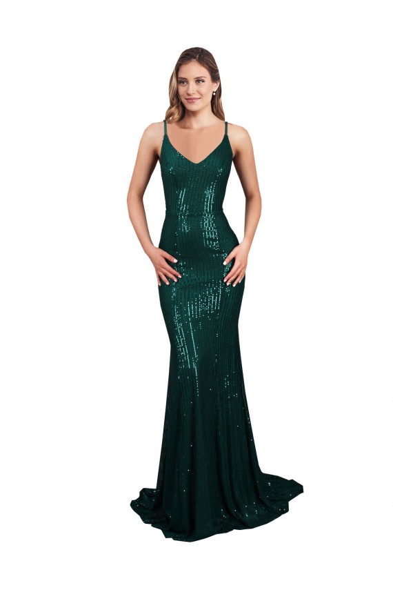 Sleeveless V-Neck Sequin Dark Green Mermaid Long Formal Evening Dress Canada Clearance