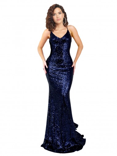 Sleeveless V-Neck Sequin Dark Navy Long Formal Evening Dress Canada Clearance