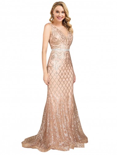 Sleeveless V-Neck Sequin & Sparkling Sequin Rose Gold Long Formal Plus Size Evening Dress Canada Clearance