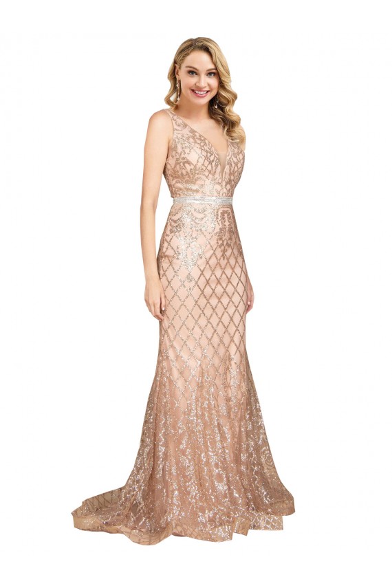 Sleeveless V-Neck Sequin & Sparkling Sequin Rose Gold Long Formal Plus Size Evening Dress Canada Clearance