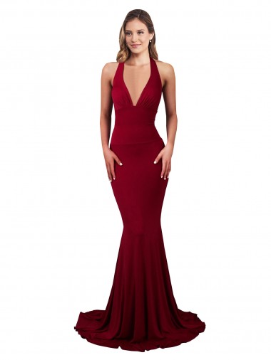 Sleeveless V-Neck Spandex Burgundy Long Formal Evening Dress Canada Clearance