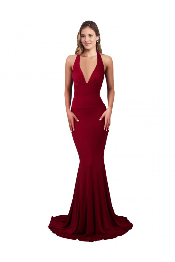 Sleeveless V-Neck Spandex Burgundy Long Formal Evening Dress Canada Clearance