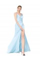 Sleeveless V-Neck Stretch Satin Light Sky Blue Long Formal Evening Dress Canada Clearance