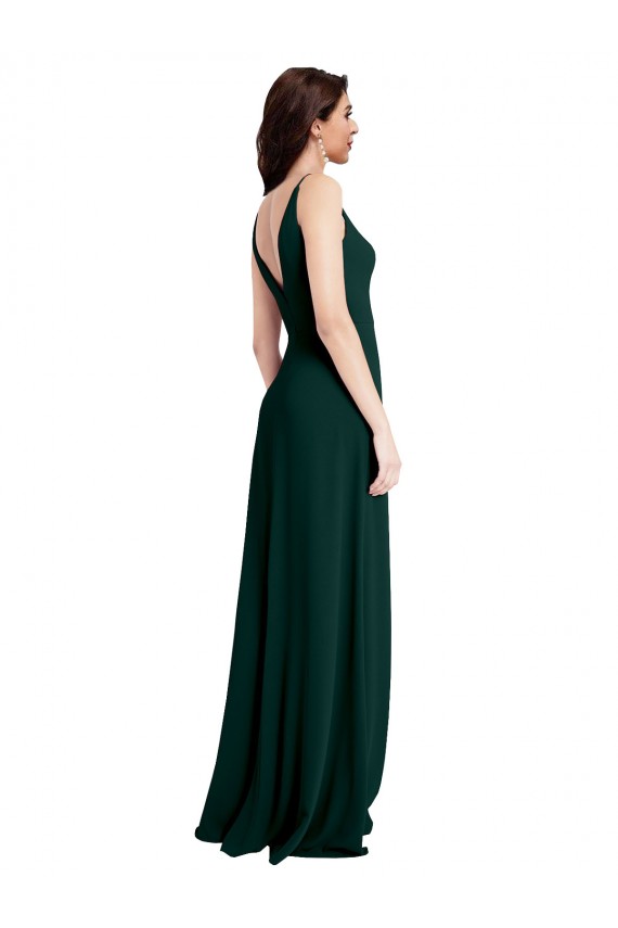 Sleeveless V-Neck Stretch Crepe Midnight Green Long Formal Evening Dress Canada Clearance
