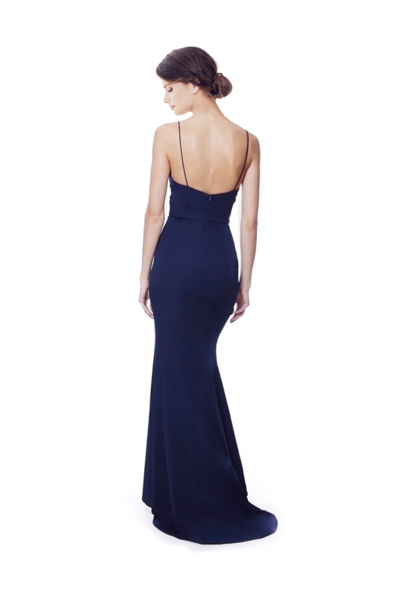 Sleeveless High Neck Stretch Crepe Navy Blue Long Formal Dress Canada Clearance