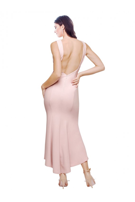 Sleeveless High Neck Stretch Crepe Pink Midi Length High Low Evening Dress Canada Clearance
