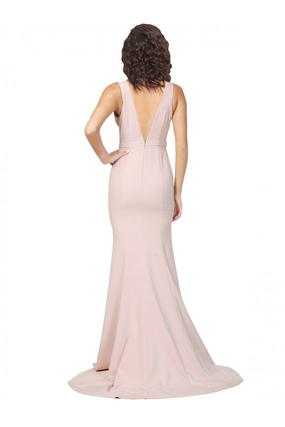 Sleeveless V-Neck Stretch Crepe Pink Sweep Train Black Tie Evening Dress Canada Clearance