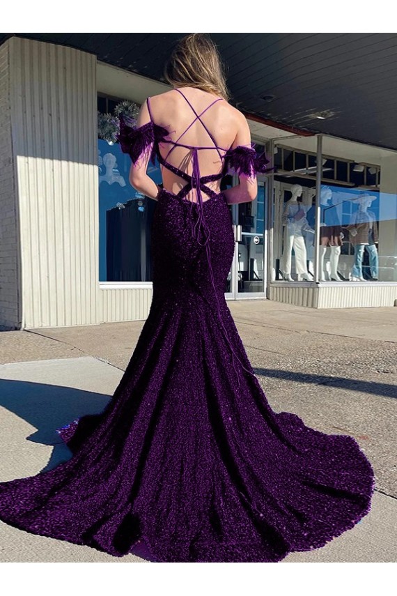 Sleeveless V-Neck Velvet Sequin Plum Purple Court Train Evening Dress Canada Clearance