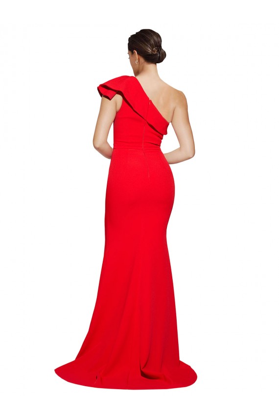 Sleeveless One Shoulder Stretch Crepe Red Sweep Train Semi Formal Evening Dress Canada Clearance