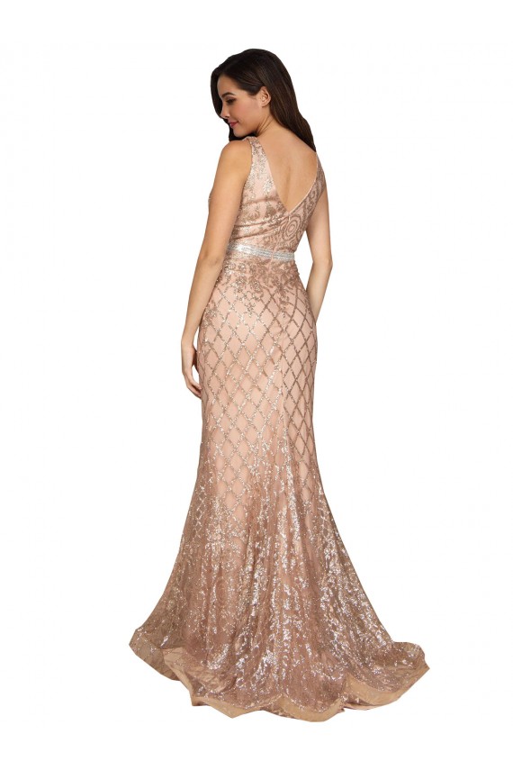 Sleeveless V-Neck Sequin & Sparkling Sequin Rose Gold Long Formal Plus Size Evening Dress Canada Clearance