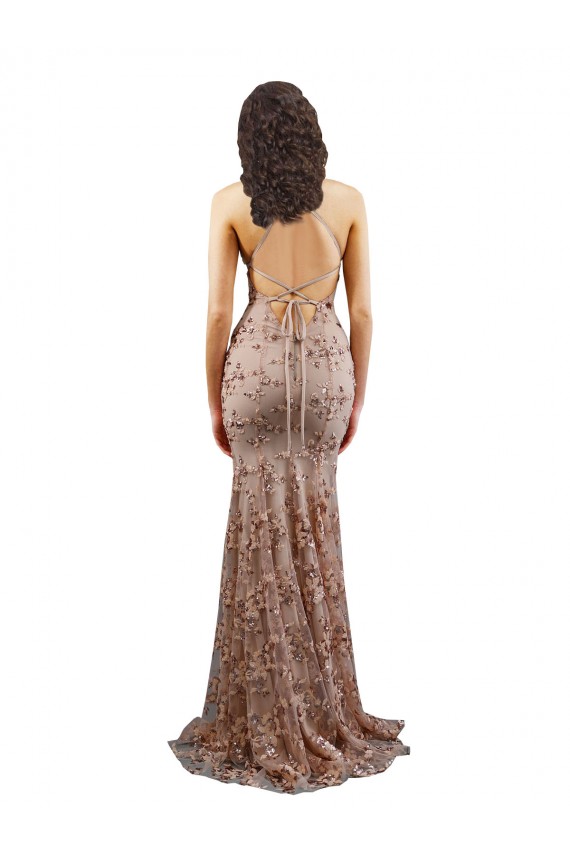 Sleeveless High Neck Stretch Crepe & Sequin Tulle Rose Gold Long Formal Evening Dress Canada Clearance