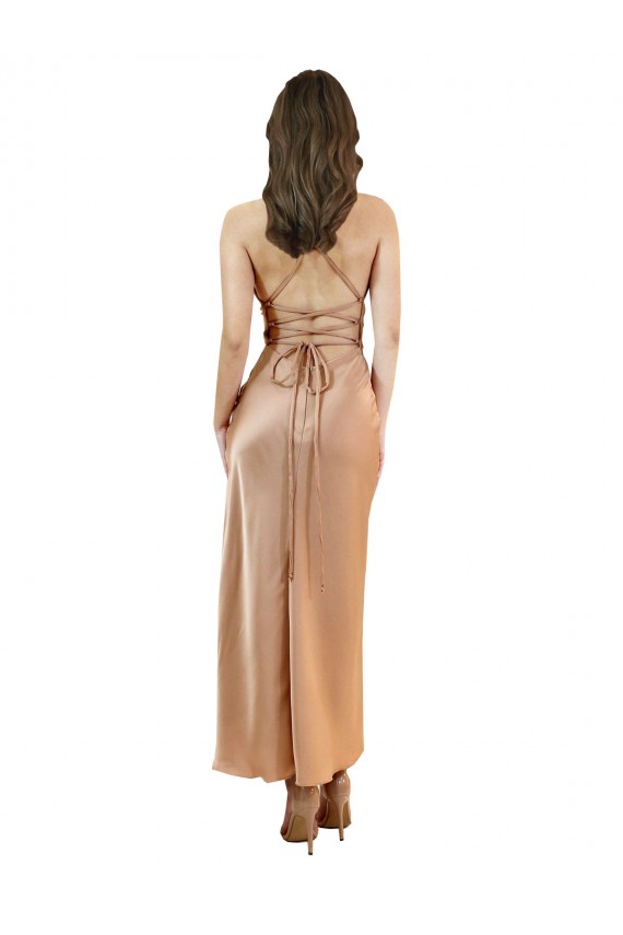 Sleeveless Cowl Neck Silky Satin Rose Gold Midi Length Formal Evening Dress Canada Clearance