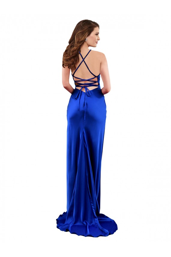 Sleeveless Cowl Neck Silky Satin Royal Blue Long Formal Evening Dress Canada Clearance