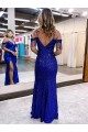 Sleeveless V-Neck Velvet Sequin Royal Blue Long Evening Dress Canada Clearance
