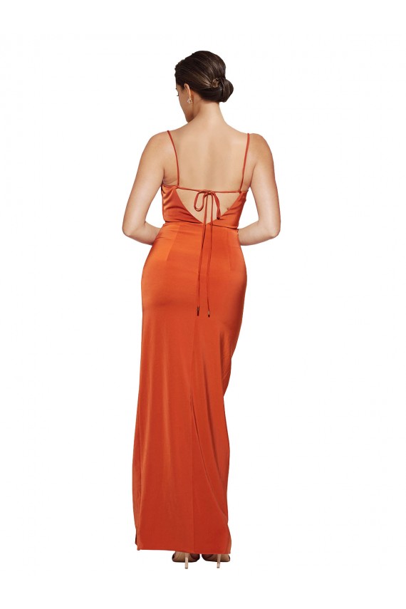 Sleeveless Cowl Neck Stretch Satin Rust Sweep Train Formal Evening Dress Canada Clearance