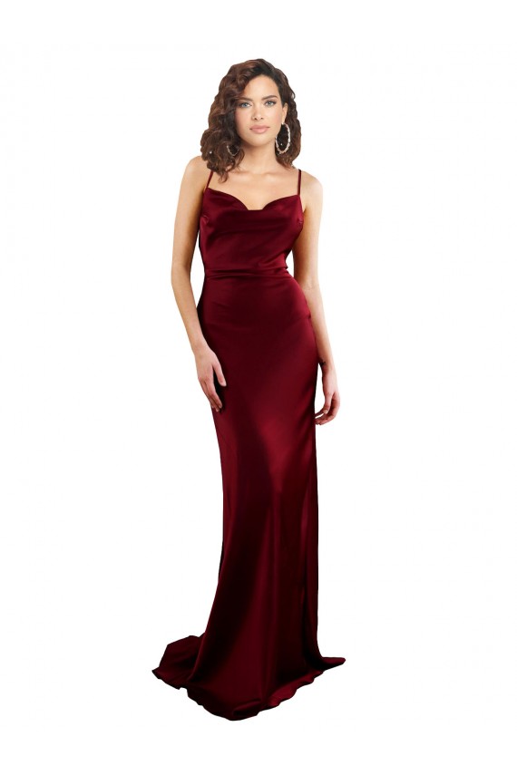 Sleeveless Cowl Neck Silky Satin Burgundy Long Formal Evening Dress Canada Clearance