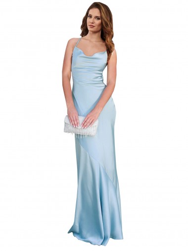 Sleeveless Cowl Neck Silky Satin Light Sky Blue Long Formal Evening Dress Canada Clearance