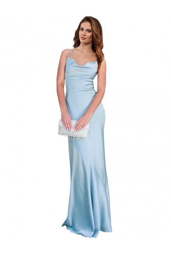 Sleeveless Cowl Neck Silky Satin Light Sky Blue Long Formal Evening Dress Canada Clearance