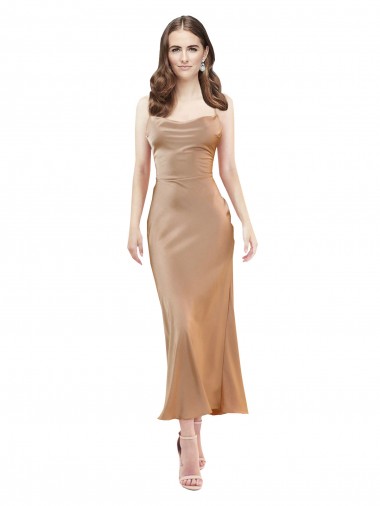 Sleeveless Cowl Neck Silky Satin Rose Gold Midi Length Formal Evening Dress Canada Clearance