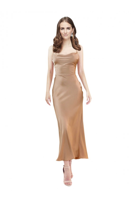 Sleeveless Cowl Neck Silky Satin Rose Gold Midi Length Formal Evening Dress Canada Clearance