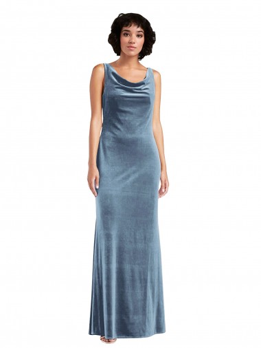 Sleeveless Cowl Neck Stretch Velvet Dusty Blue Long Evening Dress Canada Clearance