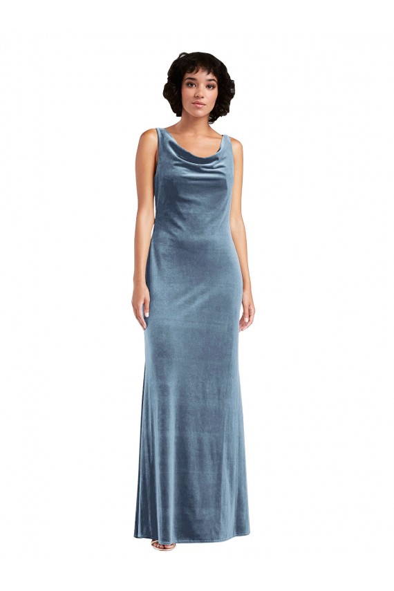 Sleeveless Cowl Neck Stretch Velvet Dusty Blue Long Evening Dress Canada Clearance