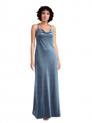 Sleeveless Cowl Neck Stretch Velvet Dusty Blue Long Evening Gowns Canada Clearance