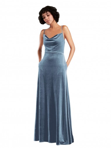 Sleeveless Cowl Neck Stretch Velvet Dusty Blue Long Semi Formal Evening Dress Canada Clearance