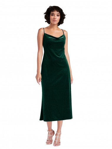Sleeveless Cowl Neck Stretch Velvet Dark Green Midi Length Black Tie Evening Dress Canada Clearance
