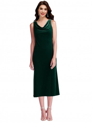 Sleeveless Cowl Neck Stretch Velvet Dark Green Midi Length Evening Dress Canada Clearance
