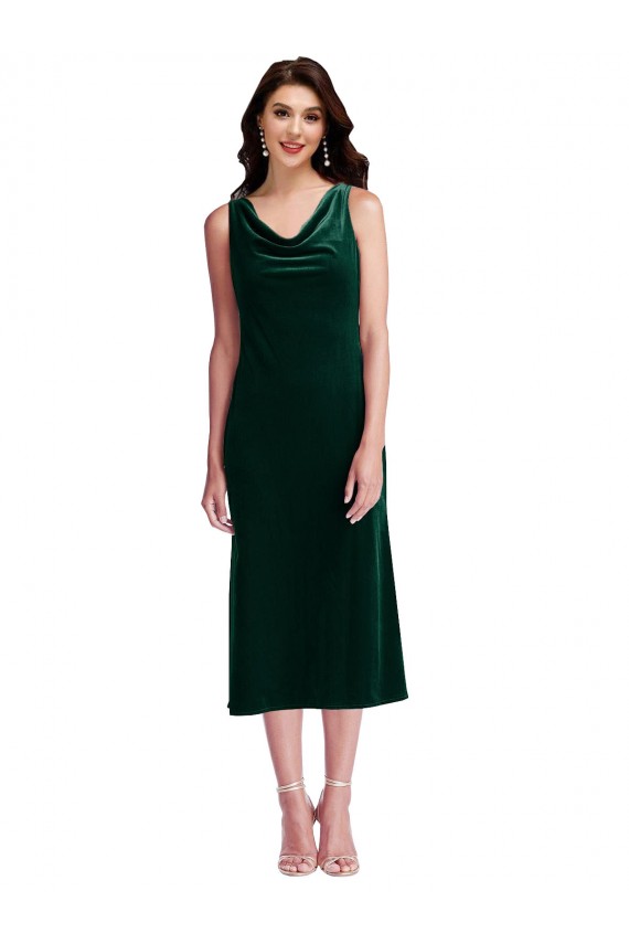 Sleeveless Cowl Neck Stretch Velvet Dark Green Midi Length Evening Dress Canada Clearance
