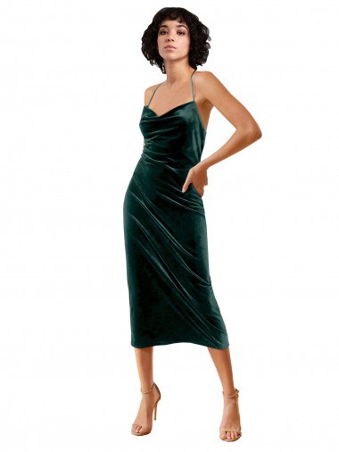 Sleeveless Cowl Neck Stretch Velvet Dark Green Midi Length Formal Dress Canada Clearance