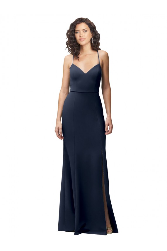 Sleeveless High Neck Stretch Crepe Dark Navy Long Formal Evening Dress Canada Clearance