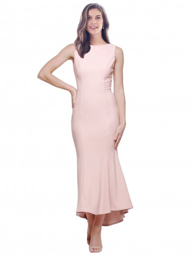 Sleeveless High Neck Stretch Crepe Pink Midi Length High Low Evening Dress Canada Clearance