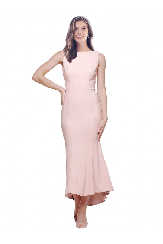 Sleeveless High Neck Stretch Crepe Pink Midi Length High Low Evening Dress Canada Clearance