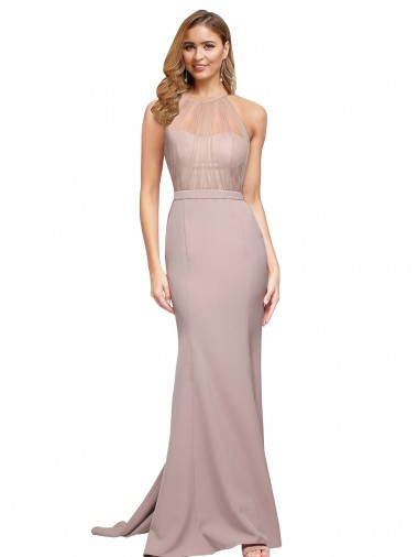 Sleeveless High Neck Stretch Crepe Dusty Pink Sweep Train Formal Evening Dress Canada Clearance