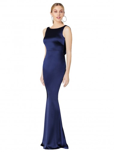 Sleeveless High Neck Stretch Satin Dark Navy Long Formal Evening Dress Canada Clearance