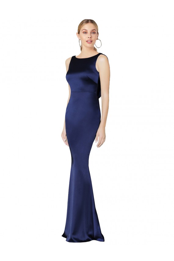 Sleeveless High Neck Stretch Satin Dark Navy Long Formal Evening Dress Canada Clearance