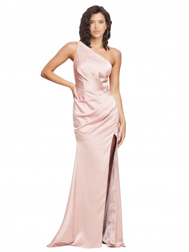 Sleeveless One Shoulder Silky Satin Pink Long Formal Evening Dress Canada Clearance