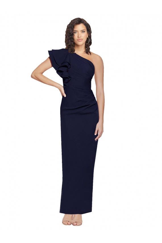 Sleeveless One Shoulder Stretch Crepe Dark Navy Sheath Long Formal Evening Dress Canada Clearance