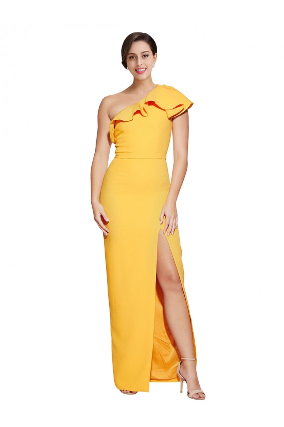 Sleeveless One Shoulder Stretch Crepe Saffron Long Formal Evening Dress Canada Clearance
