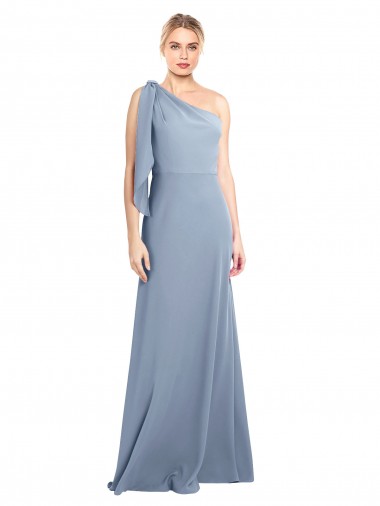 Flutter Sleeves One Shoulder Stretch Crepe Smoke Blue Long Formal Dress Canada Clearance