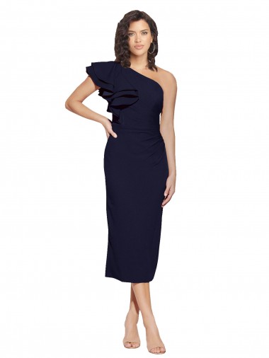 Sleeveless One Shoulder Stretch Crepe Dark Navy Midi Length Formal Evening Dress Canada Clearance