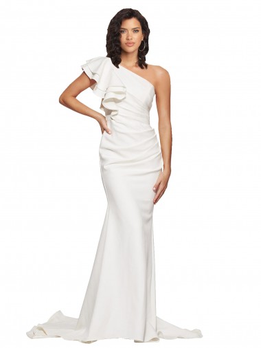Sleeveless One Shoulder Stretch Crepe Ivory Sweep Train Semi Formal Evening Dress Canada Clearance