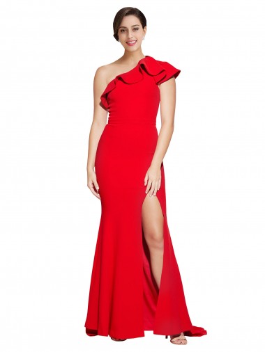 Sleeveless One Shoulder Stretch Crepe Red Sweep Train Semi Formal Evening Dress Canada Clearance