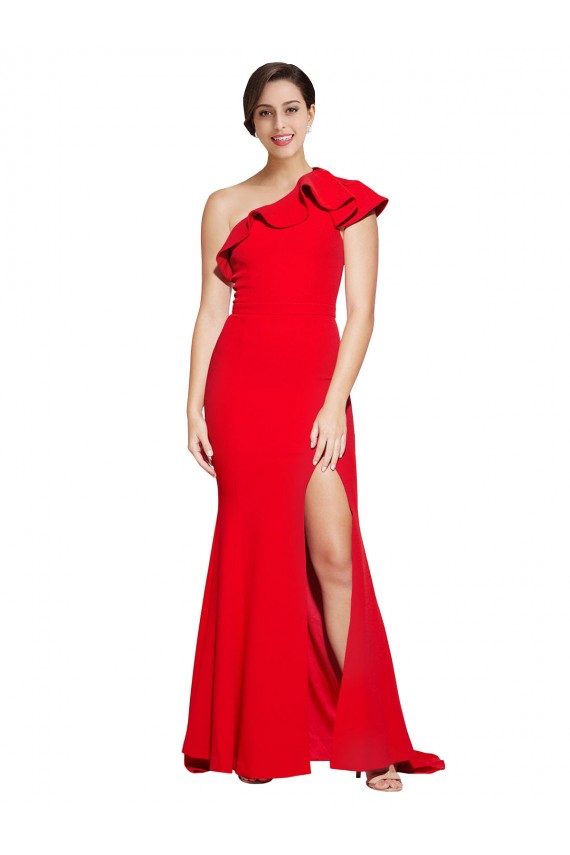 Sleeveless One Shoulder Stretch Crepe Red Sweep Train Semi Formal Evening Dress Canada Clearance