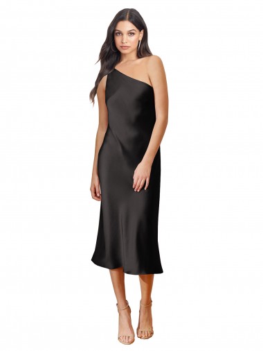 Sleeveless One Shoulder Stretch Satin Black Midi Length Black Tie Evening Dress Canada Clearance
