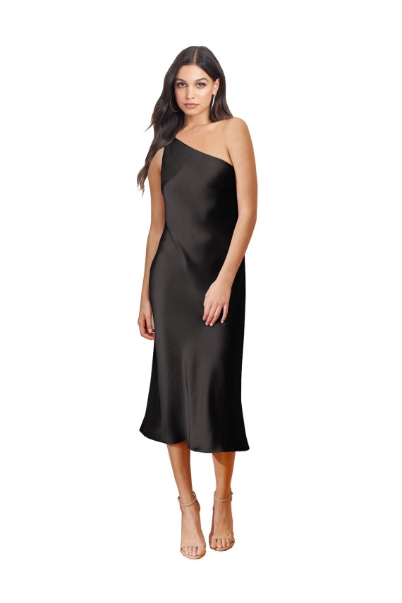 Sleeveless One Shoulder Stretch Satin Black Midi Length Black Tie Evening Dress Canada Clearance