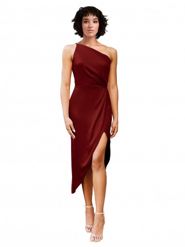 Sleeveless One Shoulder Stretch Satin Burgundy Midi Length Black Tie Evening Dress Canada Clearance