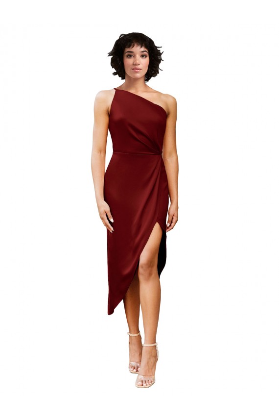 Sleeveless One Shoulder Stretch Satin Burgundy Midi Length Black Tie Evening Dress Canada Clearance
